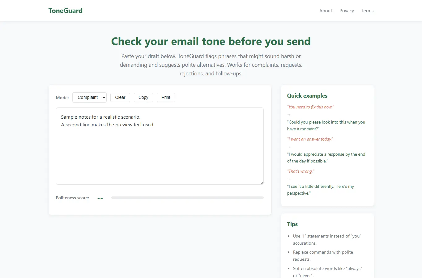 Screenshot of ToneGuard – Polite Email Tone Checker interface showing the project page in use